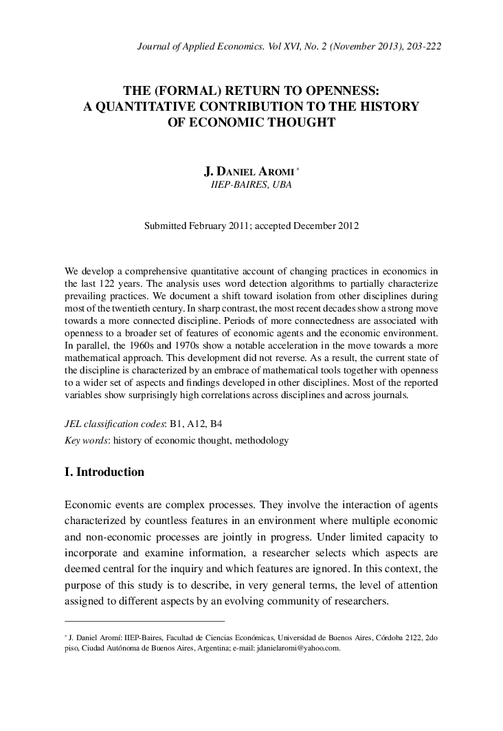 THE (FORMAL) RETURN TO OPENNESS: A QUANTITATIVE CONTRIBUTION TO THE HISTORY OF ECONOMIC THOUGHT