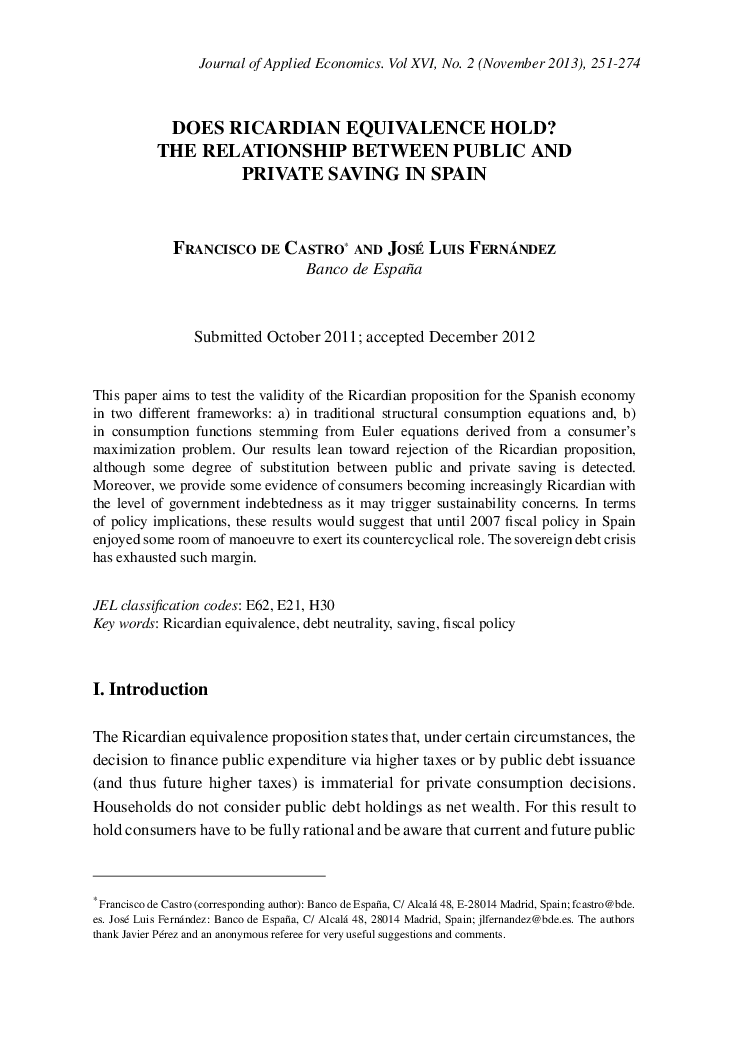 DOES RICARDIAN EQUIVALENCE HOLD? THE RELATIONSHIP BETWEEN PUBLIC AND PRIVATE SAVING IN SPAIN