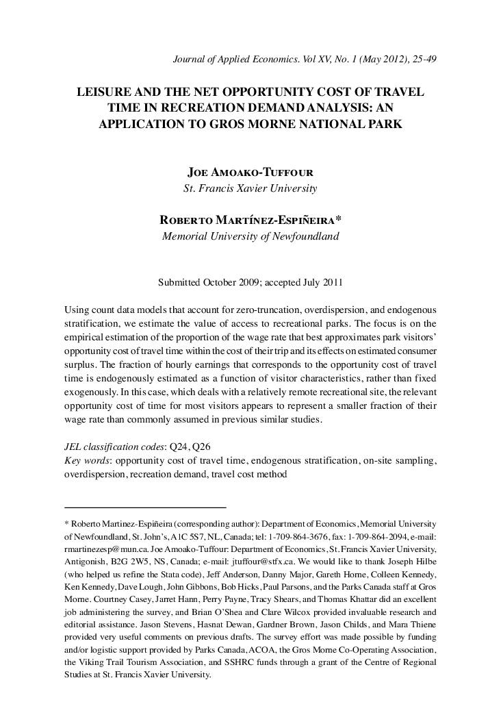 LEISURE AND THE NET OPPORTUNITY COST OF TRAVEL TIME IN RECREATION DEMAND ANALYSIS: AN APPLICATION TO GROS MORNE NATIONAL PARK
