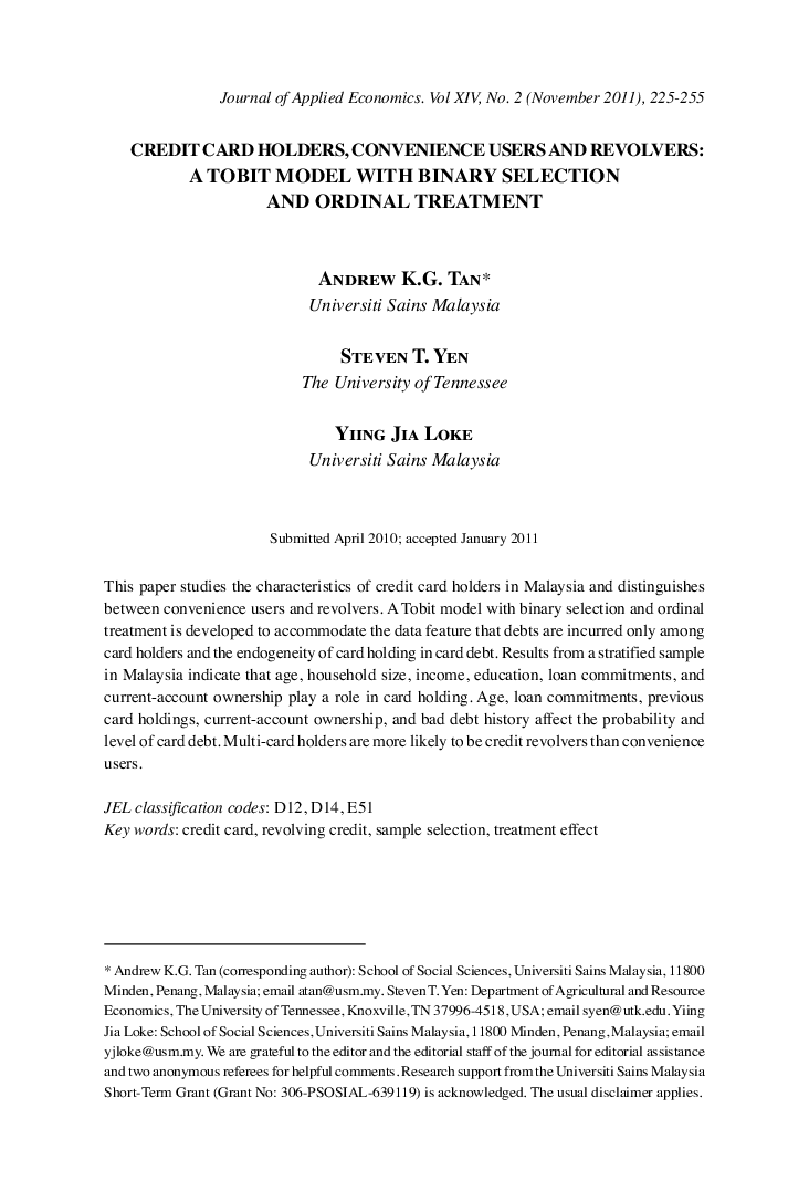 CREDIT CARD HOLDERS, CONVENIENCE USERS AND REVOLVERS: A TOBIT MODEL WITH BINARY SELECTION AND ORDINAL TREATMENT