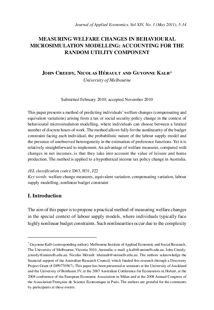 MEASURING WELFARE CHANGES IN BEHAVIOURAL MICROSIMULATION MODELLING: ACCOUNTING FOR THE RANDOM UTILITY COMPONENT