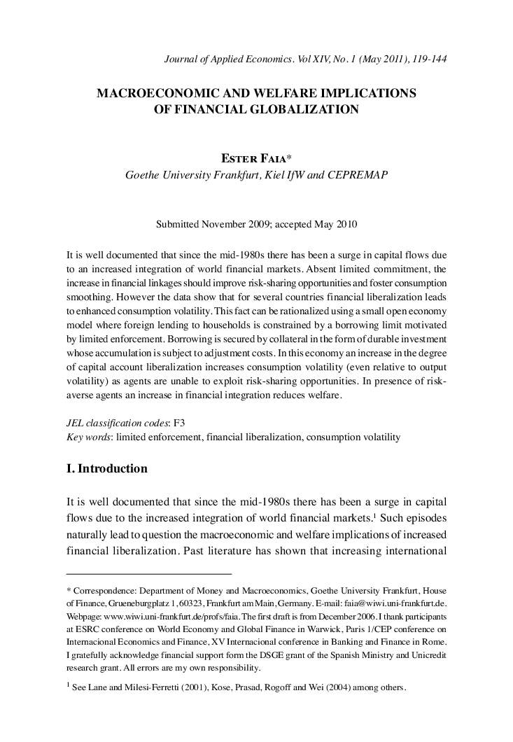 MACROECONOMIC AND WELFARE IMPLICATIONS OF FINANCIAL GLOBALIZATION