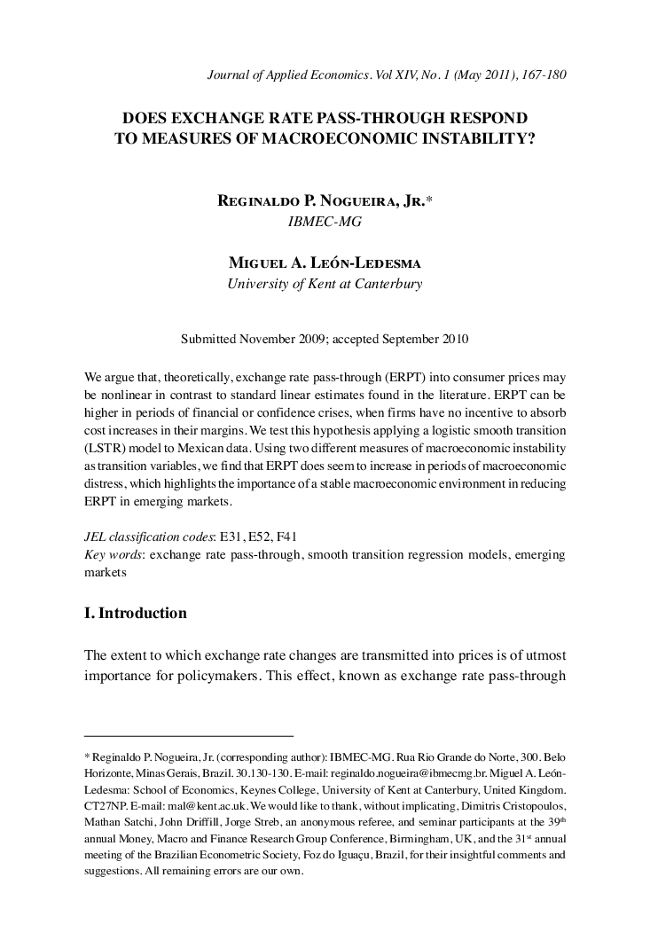 DOES EXCHANGE RATE PASS-THROUGH RESPOND TO MEASURES OF MACROECONOMIC INSTABILITY?