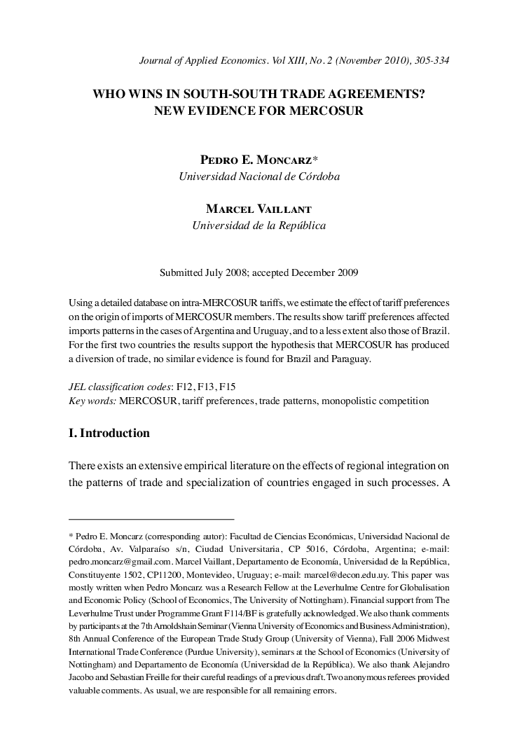 WHO WINS IN SOUTH-SOUTH TRADE AGREEMENTS? NEW EVIDENCE FOR MERCOSUR