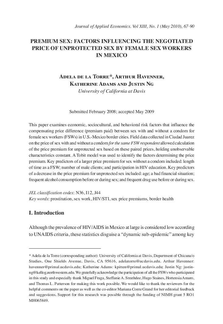 Premium sex: Factors influencing the negotiated price of unprotected sex by female sex workers in Mexico