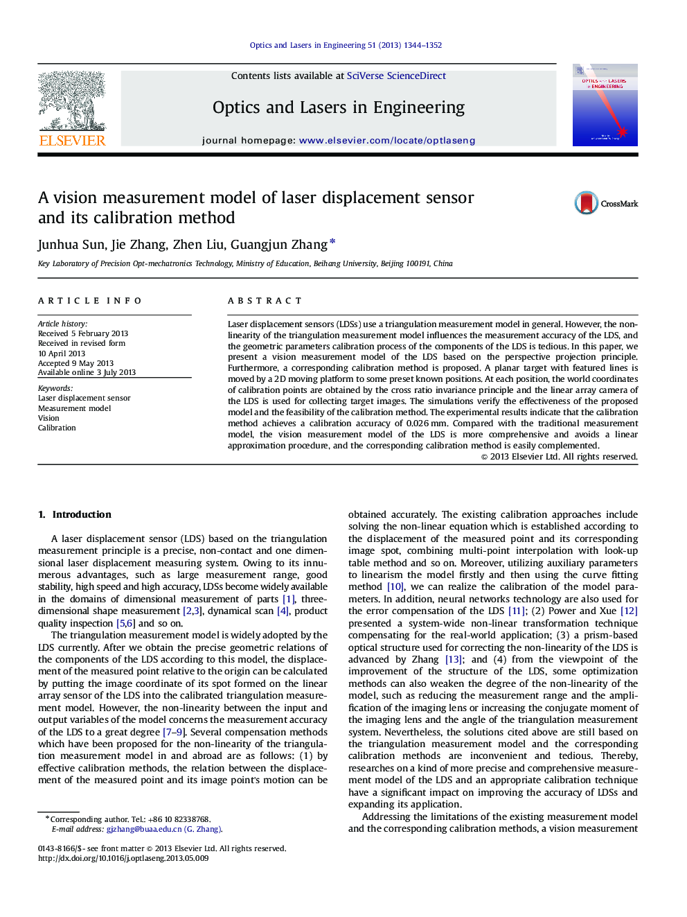 A vision measurement model of laser displacement sensor and its calibration method