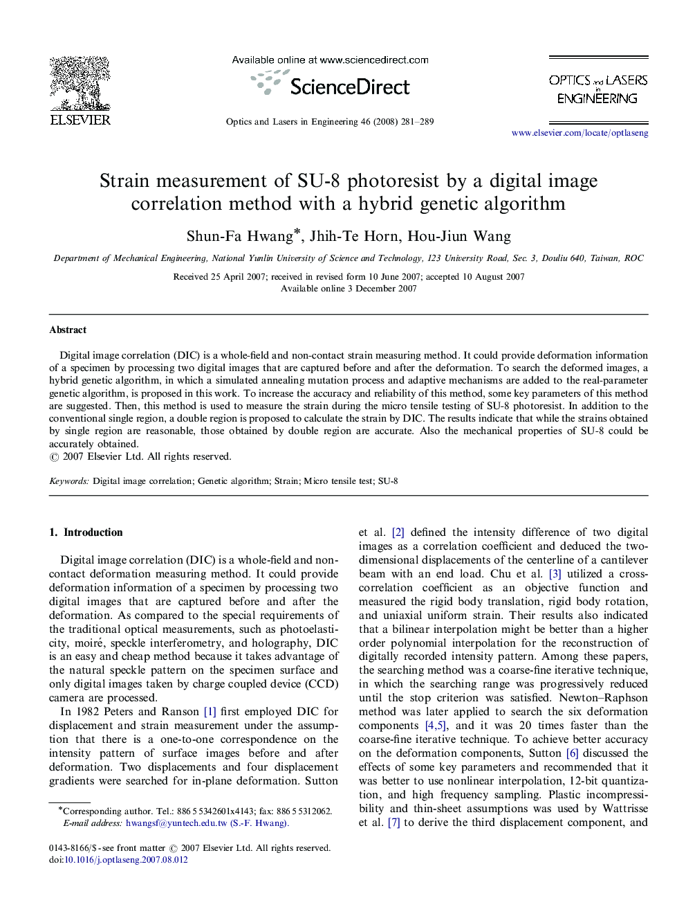 Strain measurement of SU-8 photoresist by a digital image correlation method with a hybrid genetic algorithm