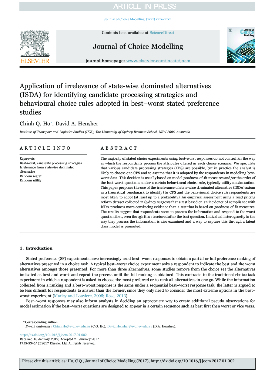 Application of irrelevance of state-wise dominated alternatives (ISDA) for identifying candidate processing strategies and behavioural choice rules adopted in best-worst stated preference studies