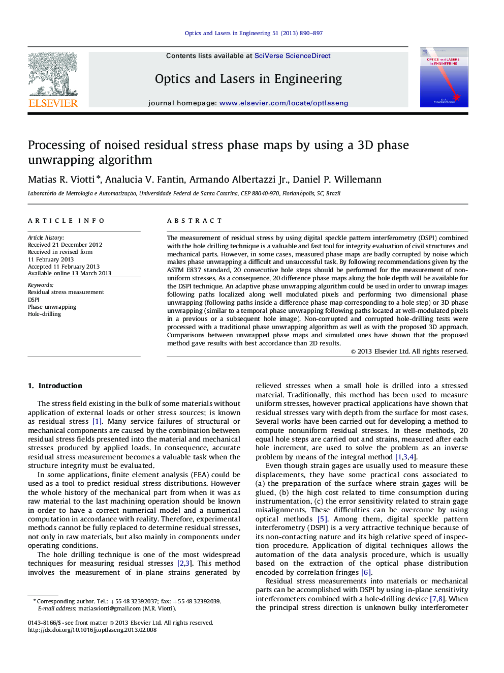 Processing of noised residual stress phase maps by using a 3D phase unwrapping algorithm