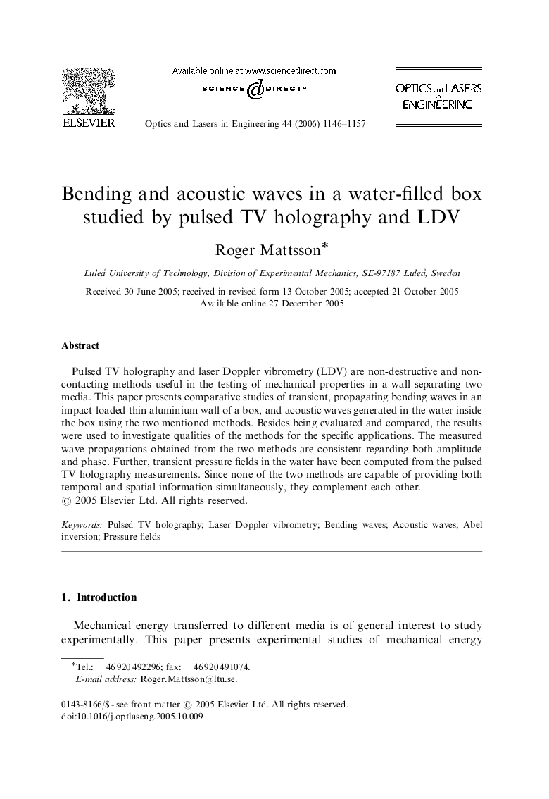 Bending and acoustic waves in a water-filled box studied by pulsed TV holography and LDV