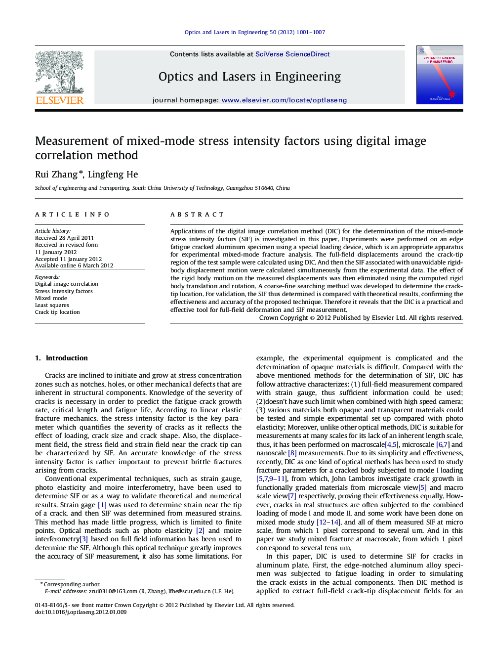 عکس صفحه اول مقاله: Measurement of mixed-mode stress intensity factors using digital image correlation method Measurement of mixed-mode stress intensity factors using digital image correlation method