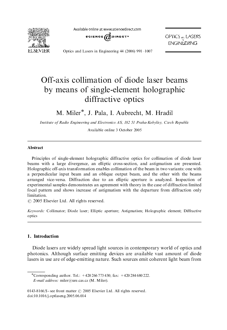 Off-axis collimation of diode laser beams by means of single-element holographic diffractive optics