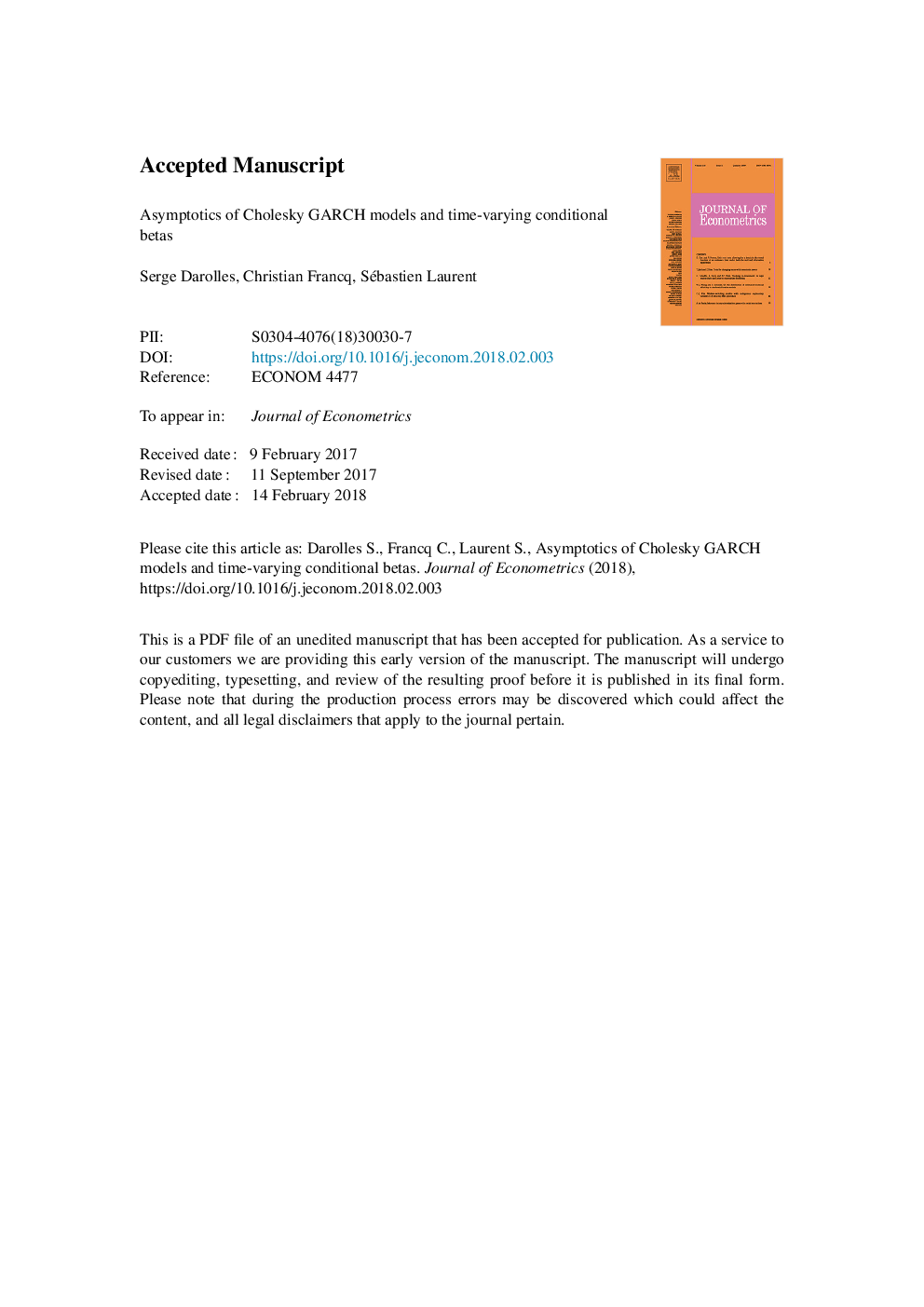 عکس صفحه اول مقاله: Asymptotics of Cholesky GARCH models and time-varying conditional betas Asymptotics of Cholesky GARCH models and time-varying conditional betas
