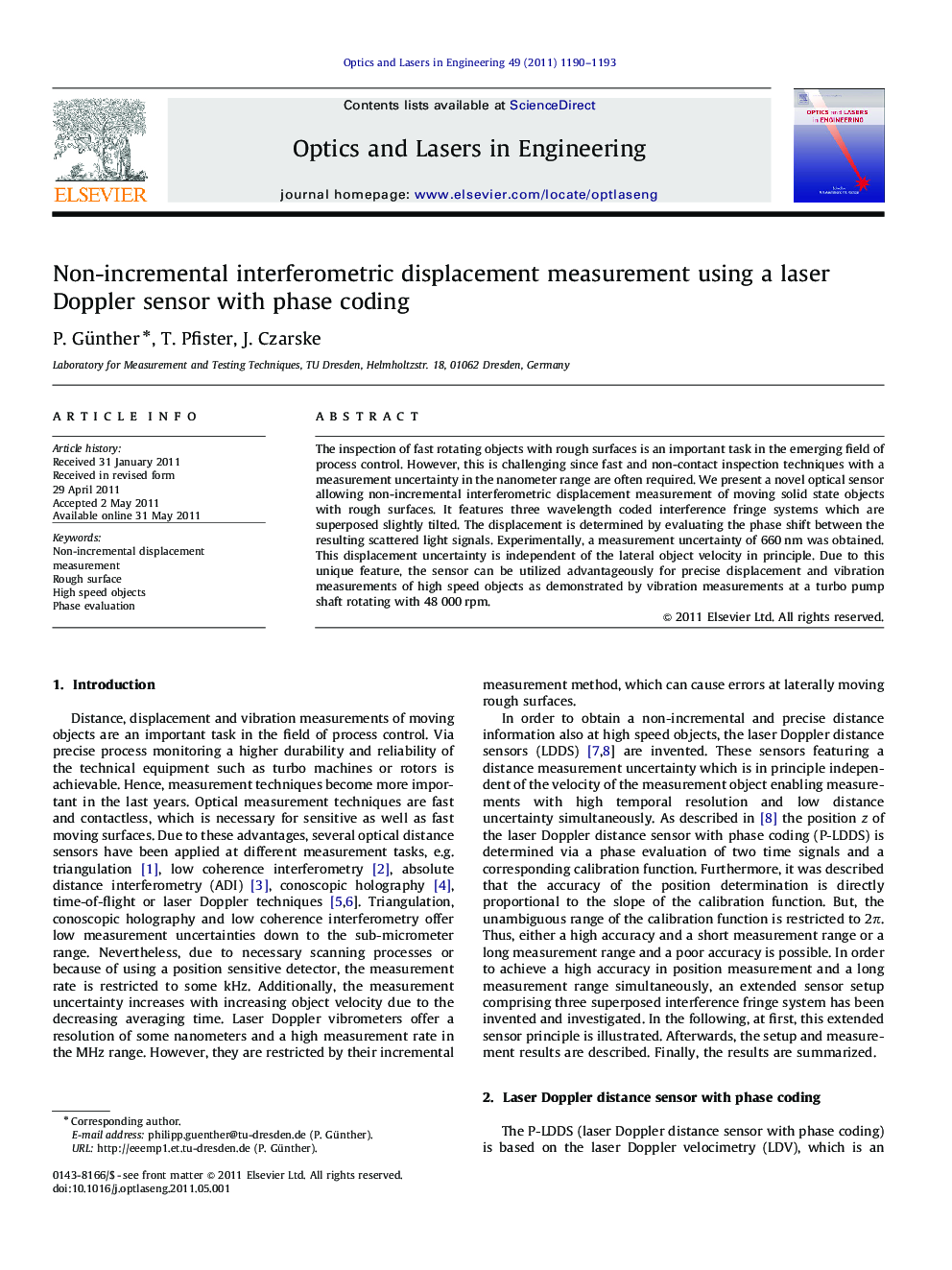 Non-incremental interferometric displacement measurement using a laser Doppler sensor with phase coding