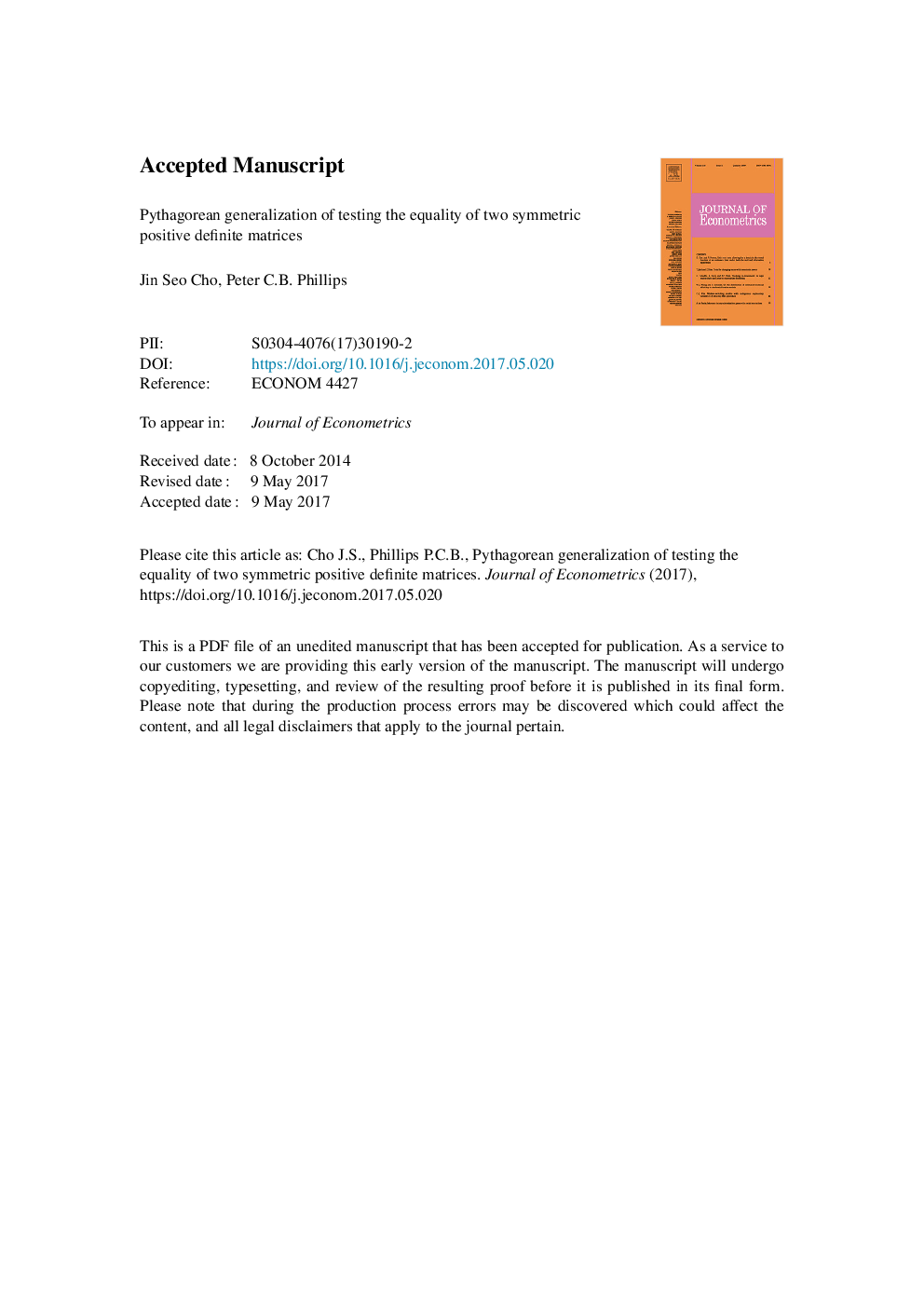 Pythagorean generalization of testing the equality of two symmetric positive definite matrices