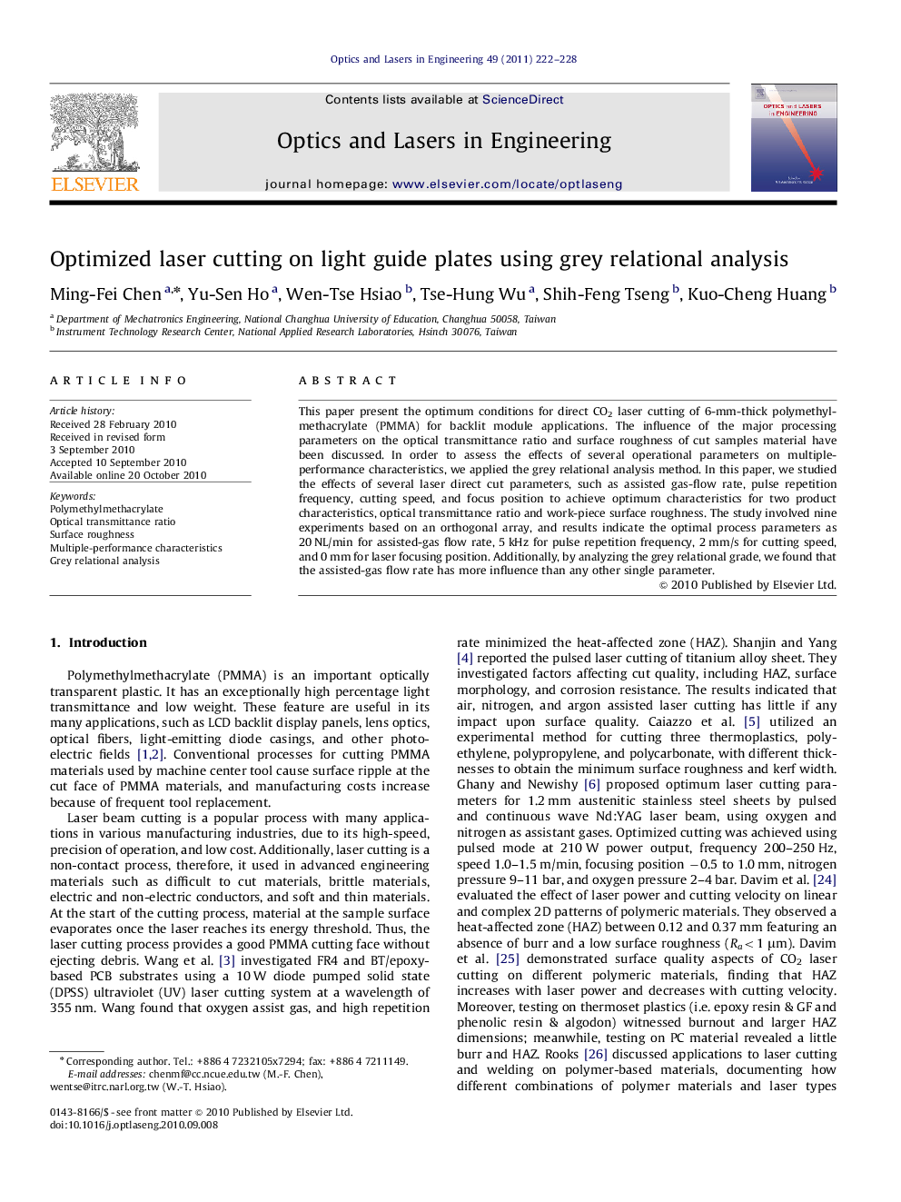 Optimized laser cutting on light guide plates using grey relational analysis