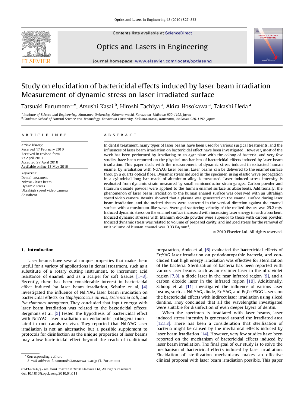 Study on elucidation of bactericidal effects induced by laser beam irradiation Measurement of dynamic stress on laser irradiated surface