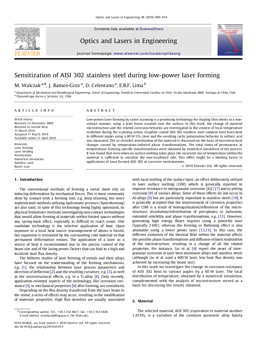 Sensitization of AISI 302 stainless steel during low-power laser forming