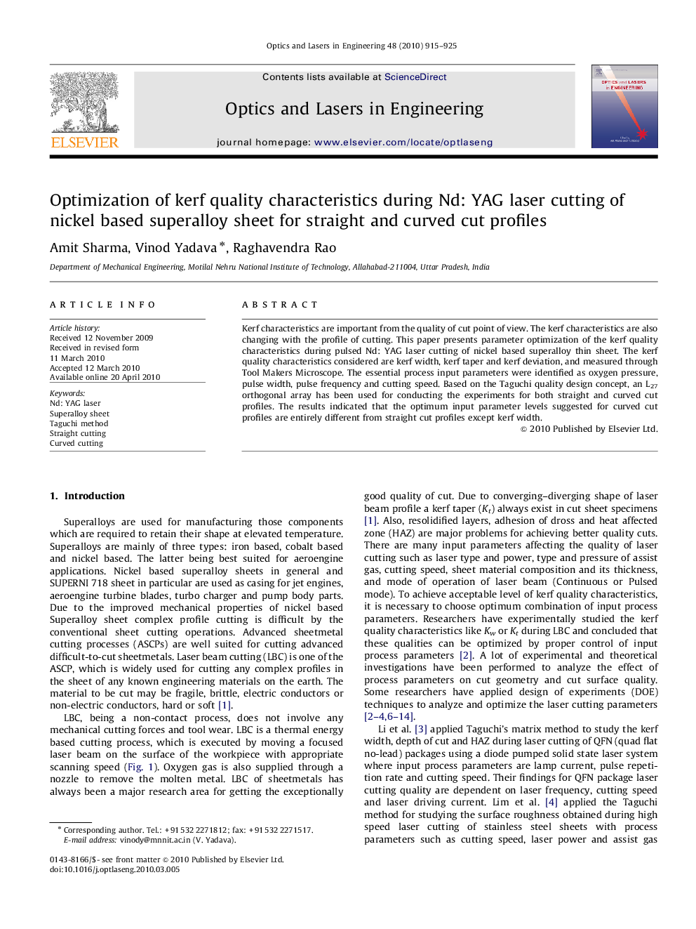 Optimization of kerf quality characteristics during Nd: YAG laser cutting of nickel based superalloy sheet for straight and curved cut profiles