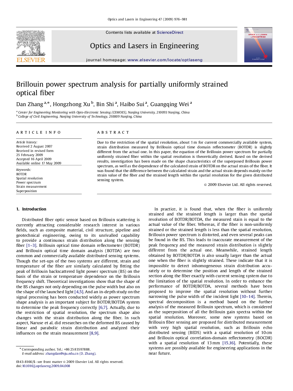 Brillouin power spectrum analysis for partially uniformly strained optical fiber