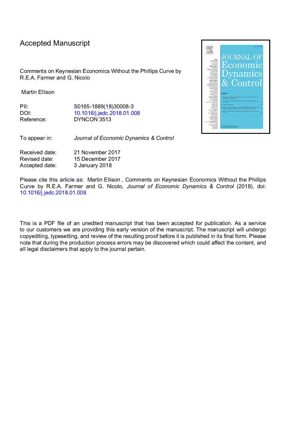 Comments on Keynesian economics without the Phillips curve by R.E.A. Farmer and G. Nicolo