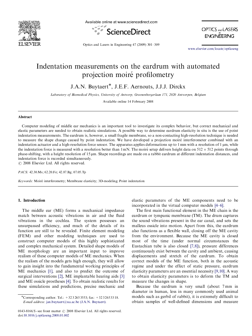 Indentation measurements on the eardrum with automated projection moiré profilometry