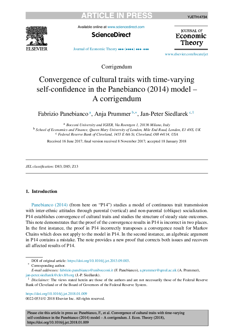 Convergence of cultural traits with time-varying self-confidence in the Panebianco (2014) model - A corrigendum