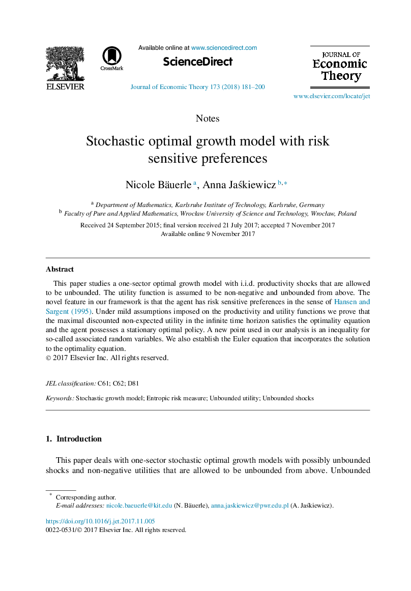 Stochastic optimal growth model with risk sensitive preferences