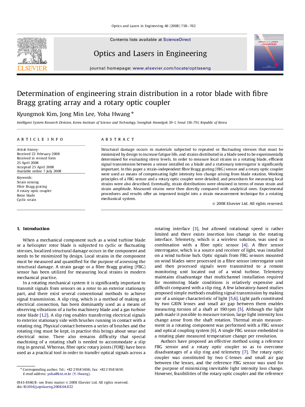 Determination of engineering strain distribution in a rotor blade with fibre Bragg grating array and a rotary optic coupler