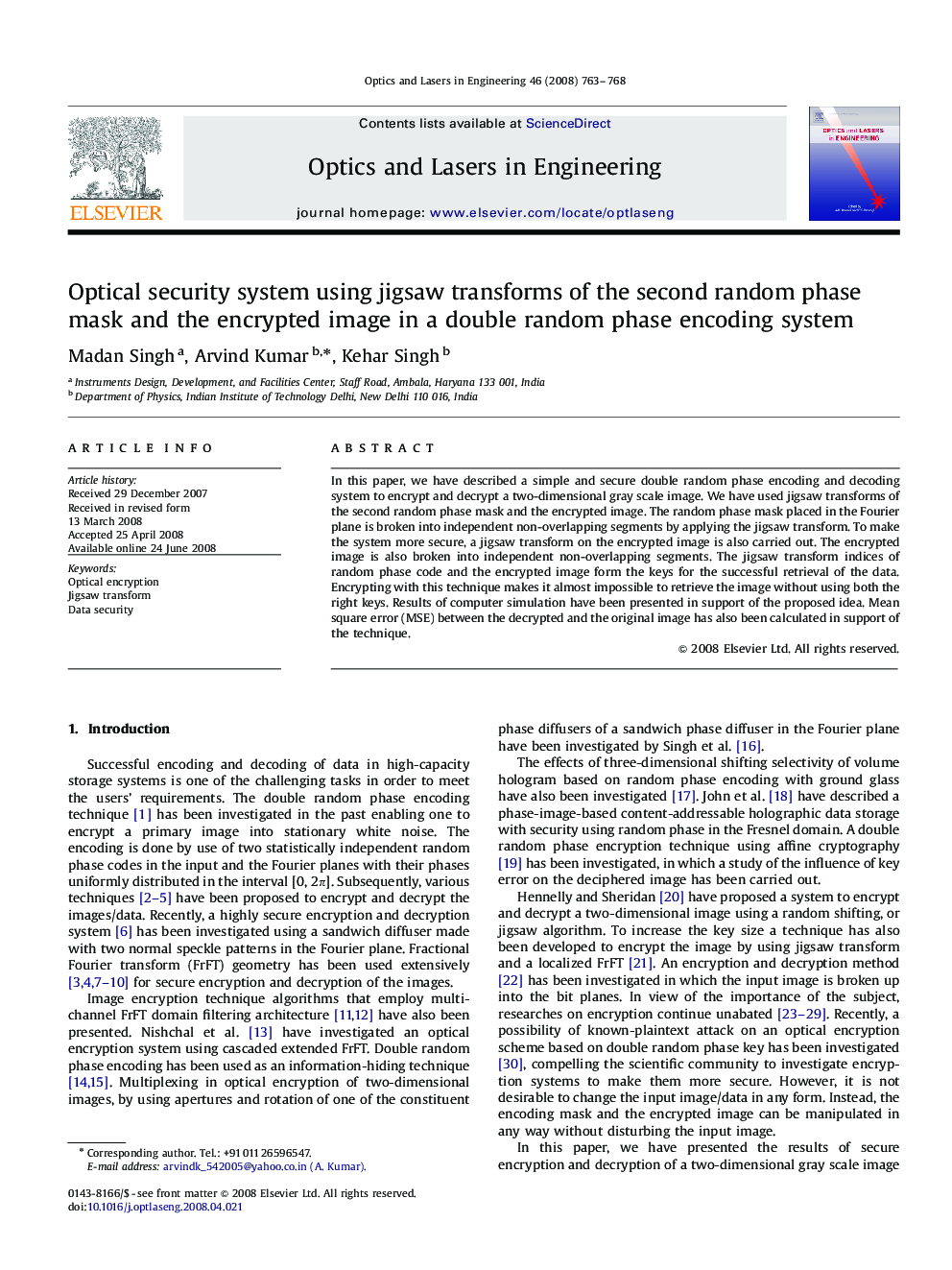 Optical security system using jigsaw transforms of the second random phase mask and the encrypted image in a double random phase encoding system