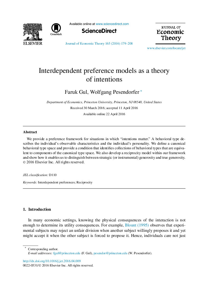 Interdependent preference models as a theory of intentions