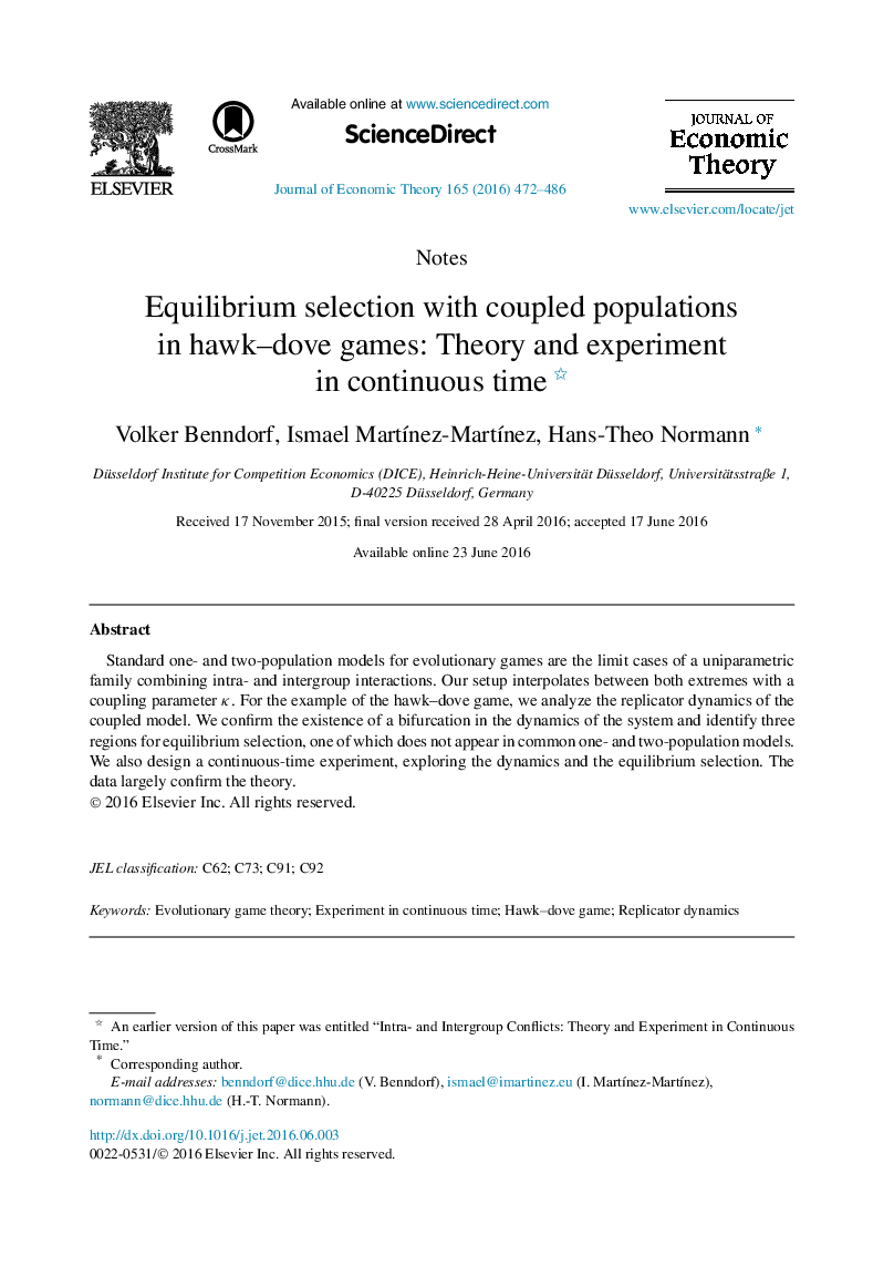 Equilibrium selection with coupled populations in hawk-dove games: Theory and experiment in continuous time