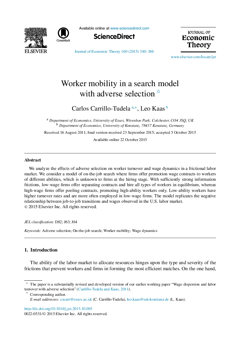 Worker mobility in a search model with adverse selection