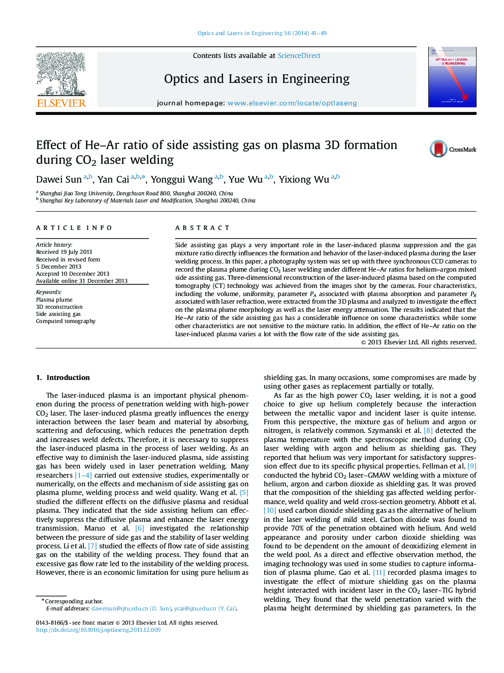 Effect of He–Ar ratio of side assisting gas on plasma 3D formation during CO2 laser welding