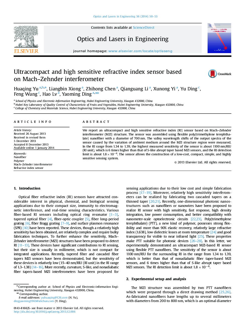 Ultracompact and high sensitive refractive index sensor based on Mach–Zehnder interferometer