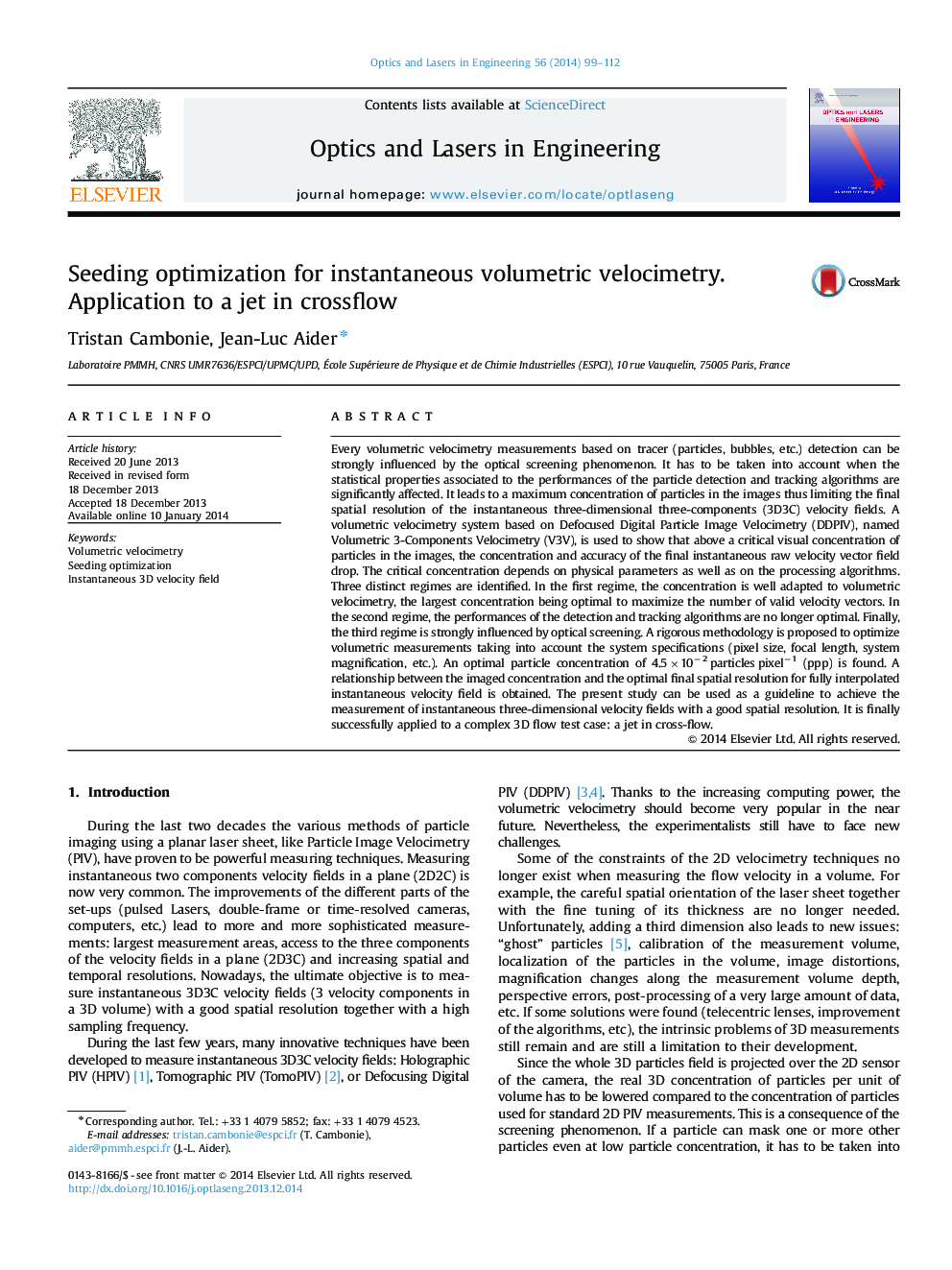 Seeding optimization for instantaneous volumetric velocimetry. Application to a jet in crossflow