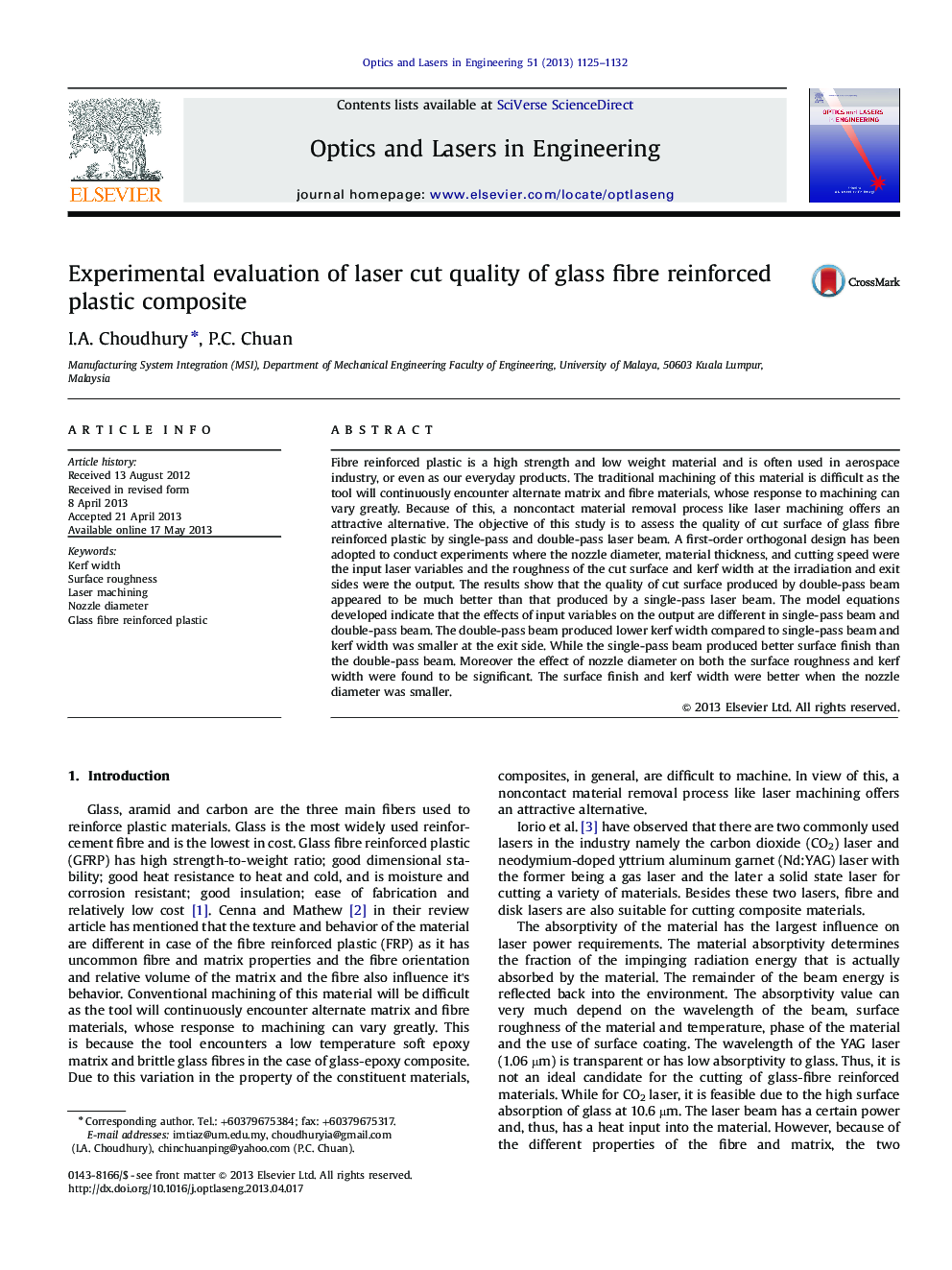 Experimental evaluation of laser cut quality of glass fibre reinforced plastic composite
