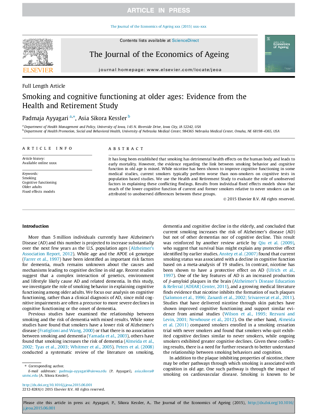 Smoking and cognitive functioning at older ages: Evidence from the Health and Retirement Study