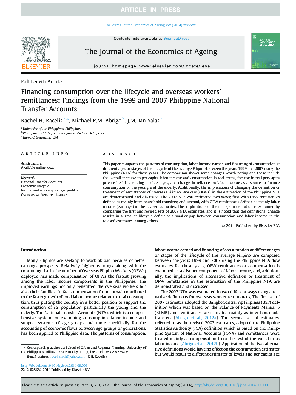 Financing consumption over the lifecycle and overseas workers' remittances: Findings from the 1999 and 2007 Philippine National Transfer Accounts