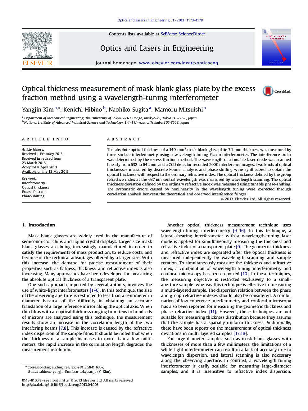 Optical thickness measurement of mask blank glass plate by the excess fraction method using a wavelength-tuning interferometer