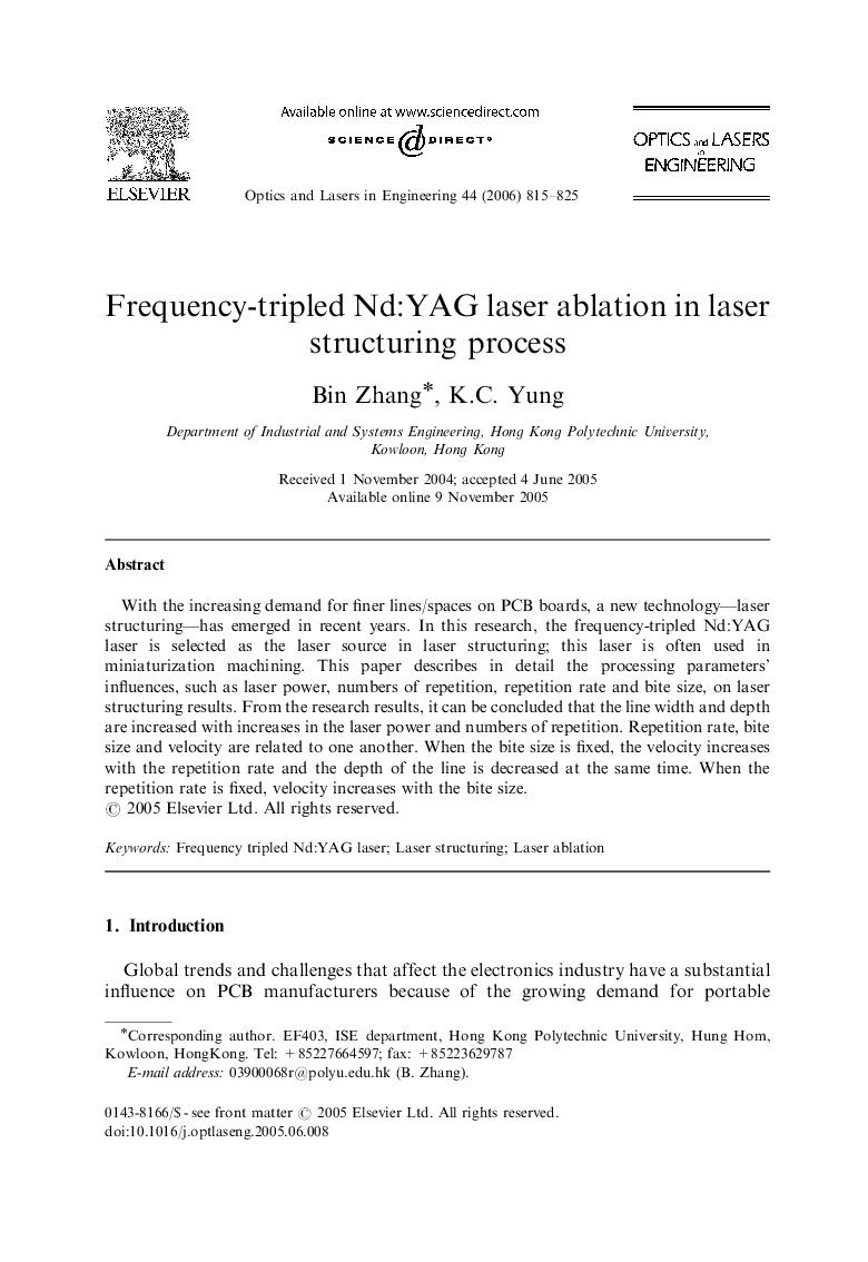 Frequency-tripled Nd:YAG laser ablation in laser structuring process