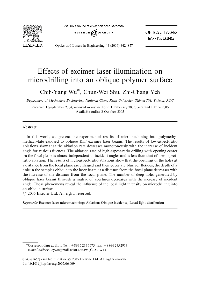 Effects of excimer laser illumination on microdrilling into an oblique polymer surface