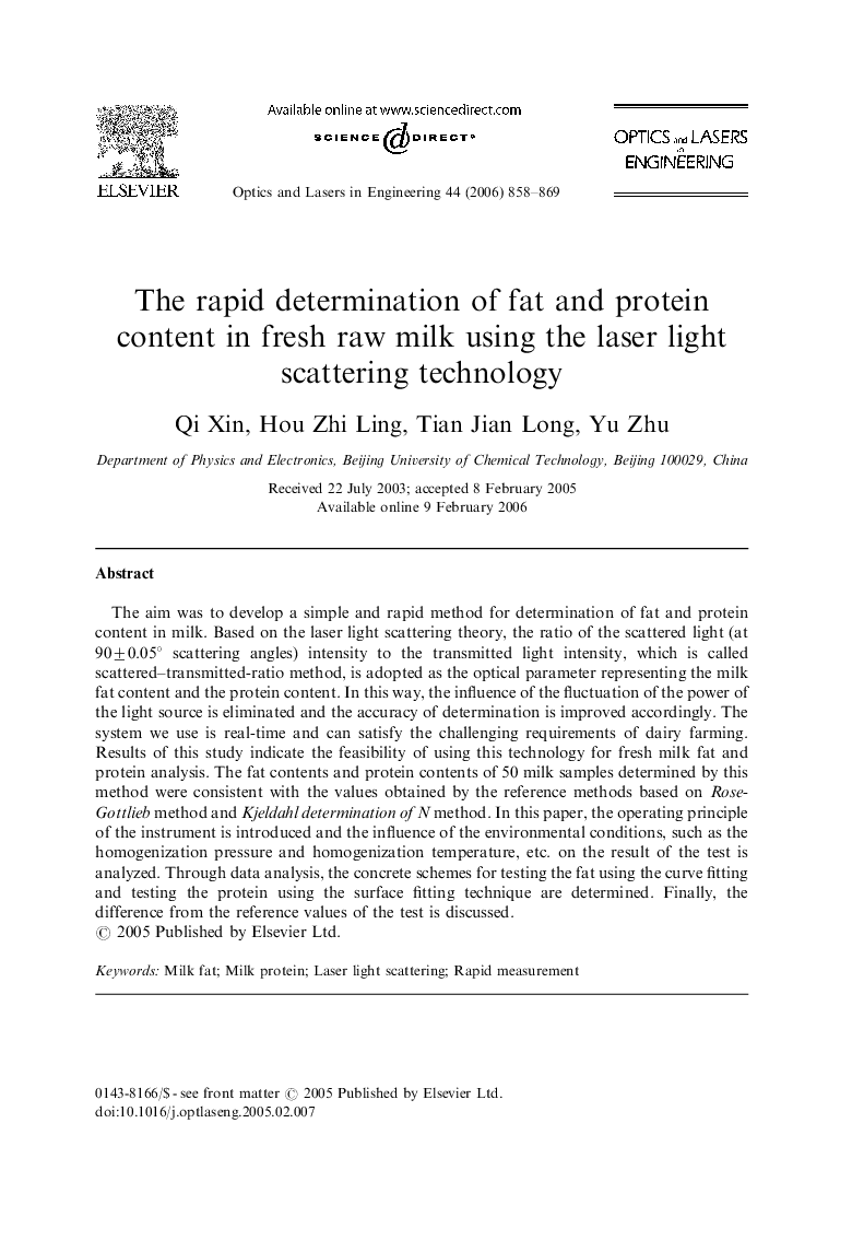 The rapid determination of fat and protein content in fresh raw milk using the laser light scattering technology