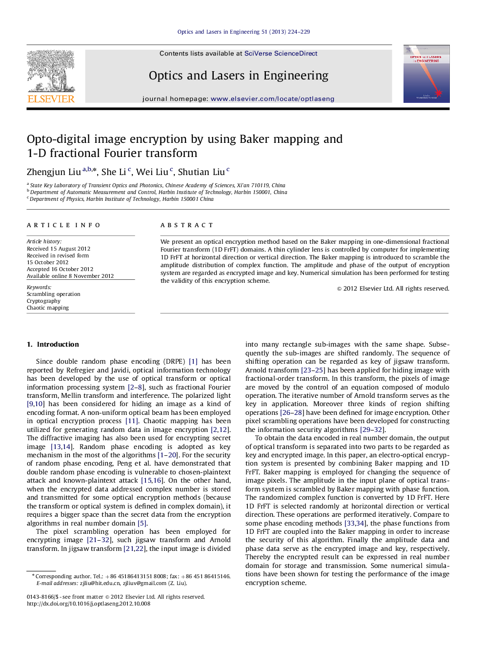 Opto-digital image encryption by using Baker mapping and 1-D fractional Fourier transform