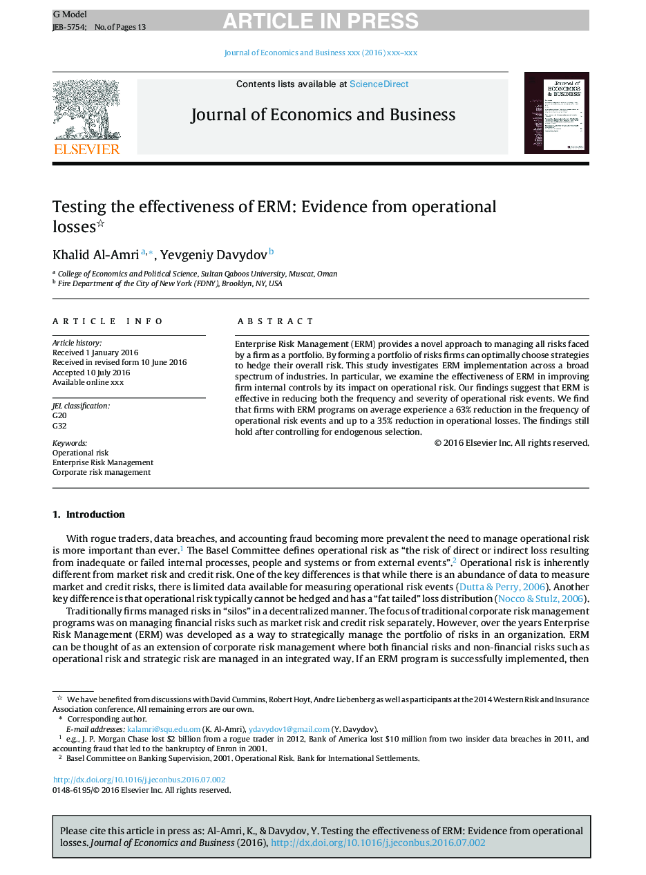 Testing the effectiveness of ERM: Evidence from operational losses