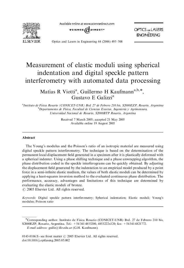 Measurement of elastic moduli using spherical indentation and digital speckle pattern interferometry with automated data processing