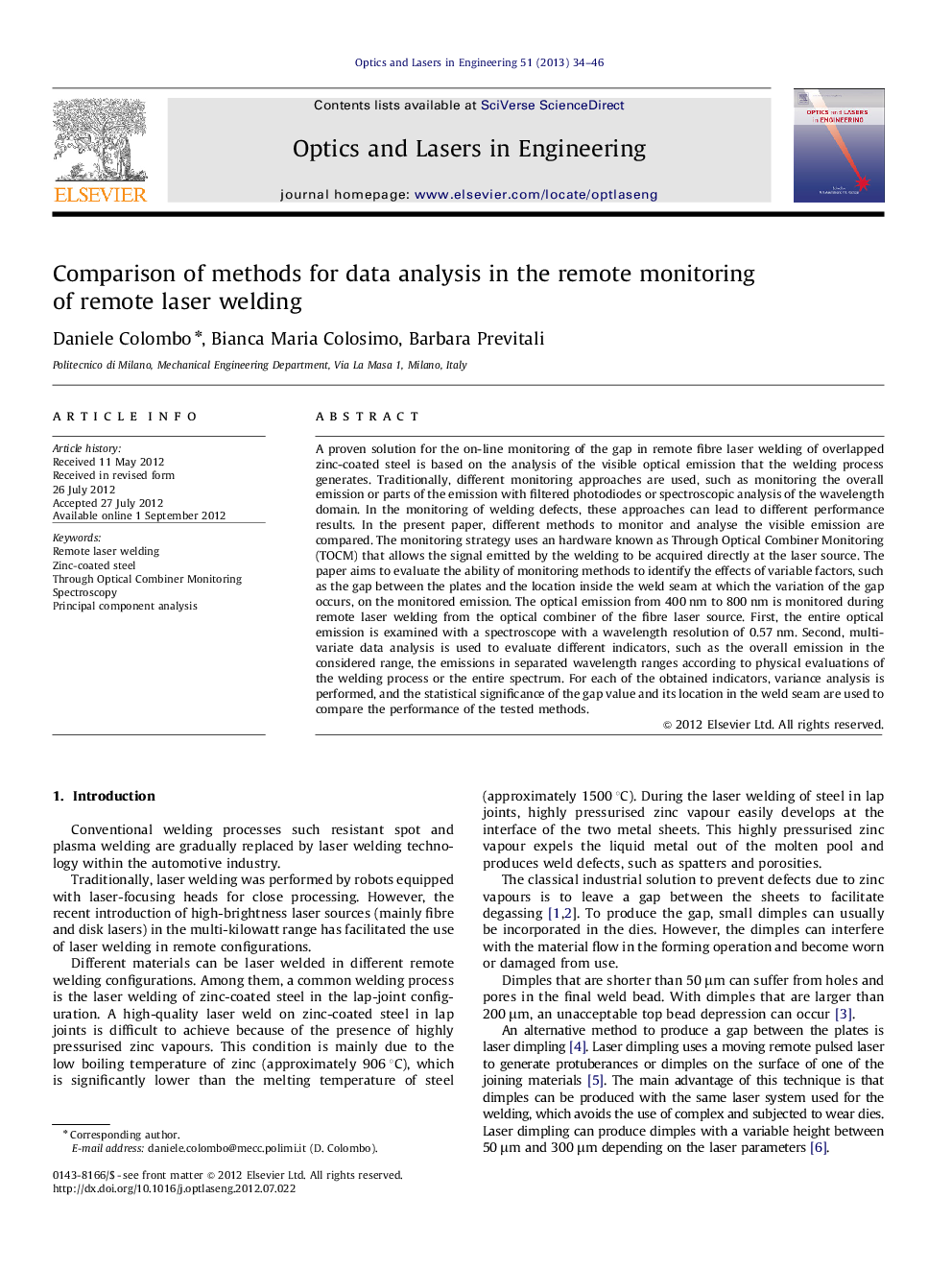 Comparison of methods for data analysis in the remote monitoring of remote laser welding