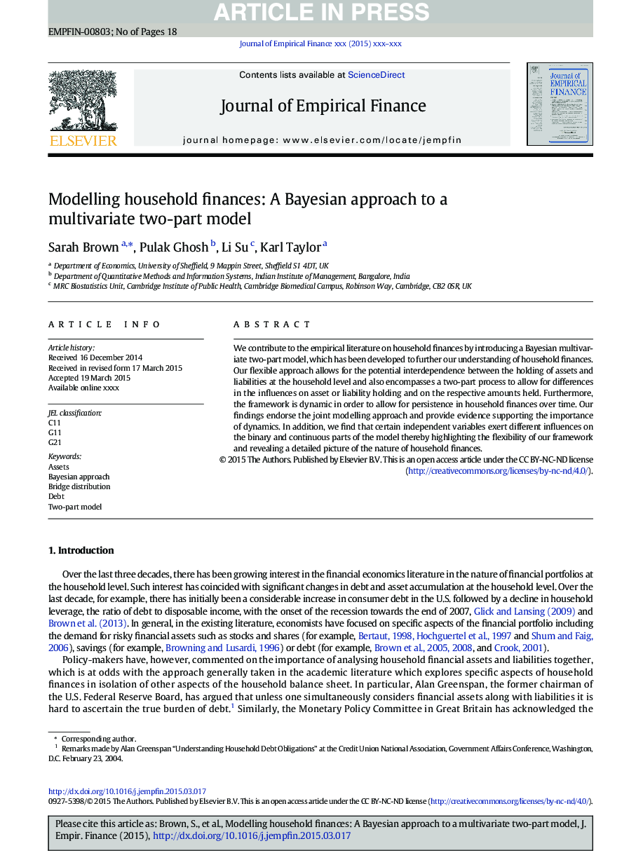 Modelling household finances: A Bayesian approach to a multivariate two-part model