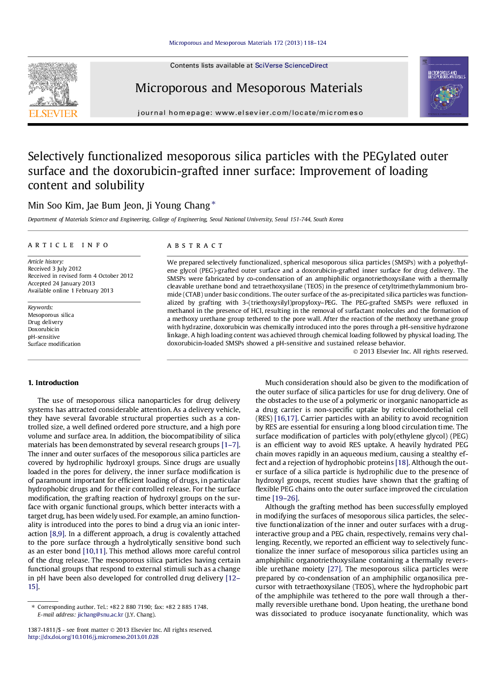 عکس صفحه اول مقاله: Selectively functionalized mesoporous silica particles with the PEGylated outer surface and the doxorubicin-grafted inner surface: Improvement of loading content and solubility Selectively functionalized mesoporous silica particles with the PEGylated outer surface and the doxorubicin-grafted inner surface: Improvement of loading content and solubility