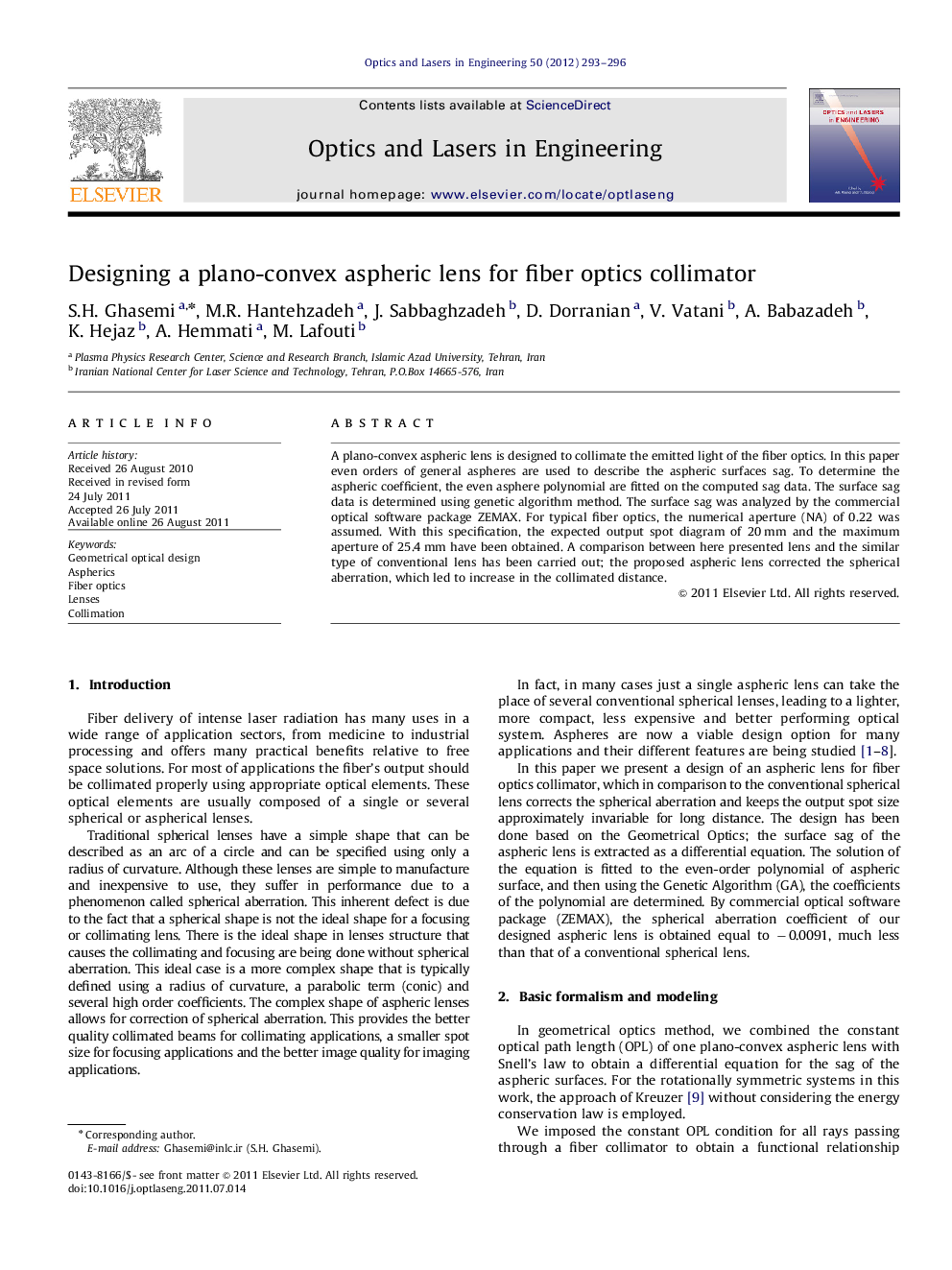 عکس صفحه اول مقاله: Designing a plano-convex aspheric lens for fiber optics collimator Designing a plano-convex aspheric lens for fiber optics collimator